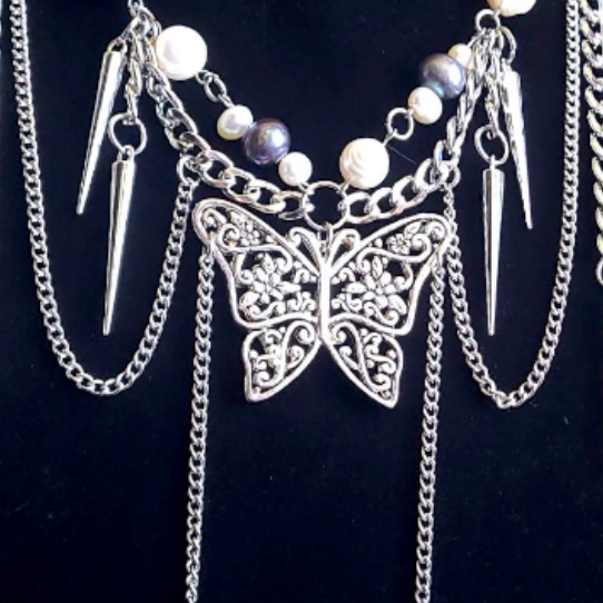 Pearl Faerie Goth Butterfly Necklace