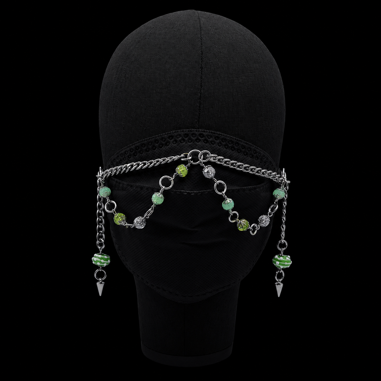 Gothic Green Lampwork Glass Bead Mask Chain